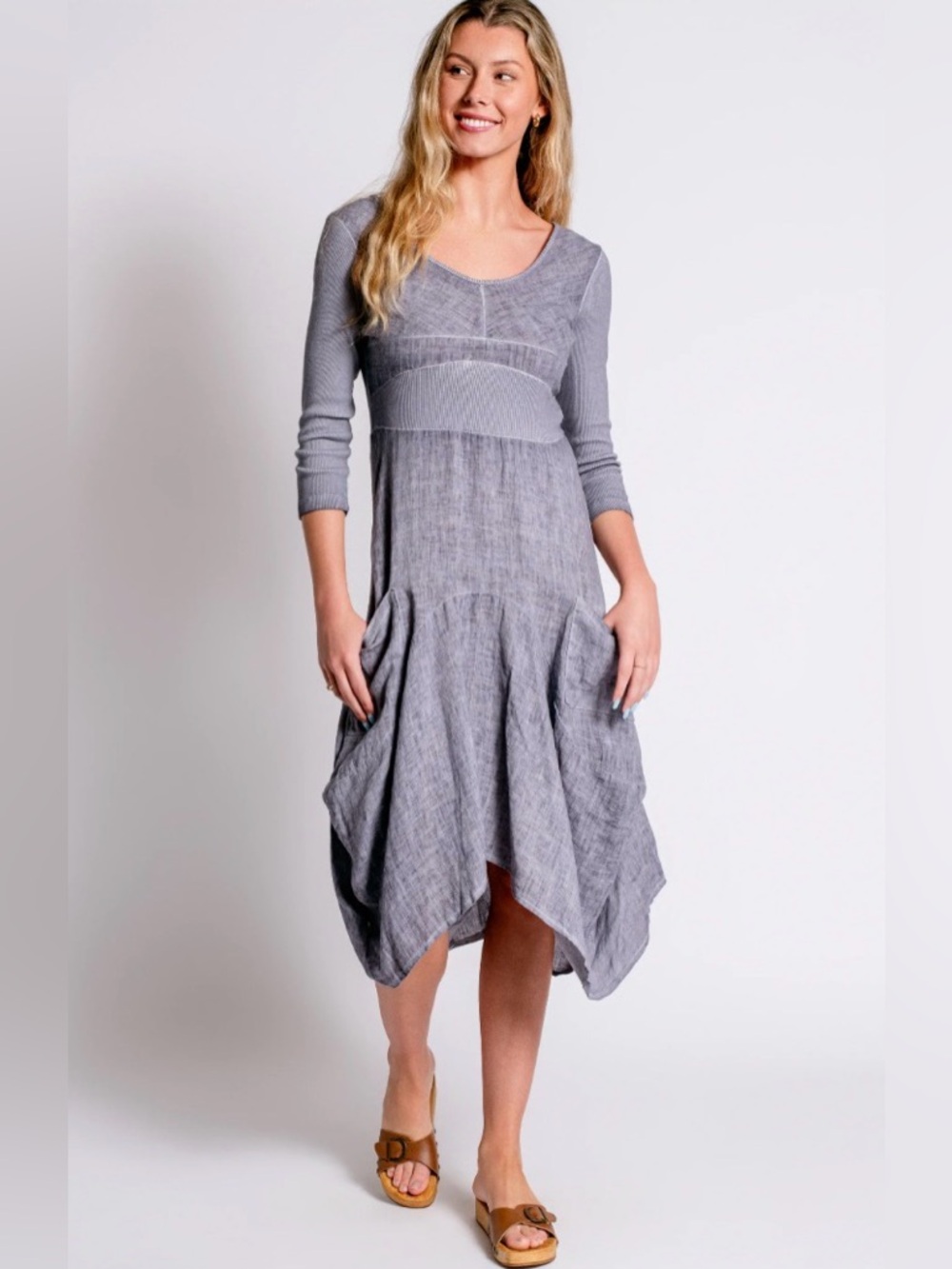 Inizo Italy Linen Midi Asymmetric Hem Dress Size S Grey Lagenlook Artsy Flowy